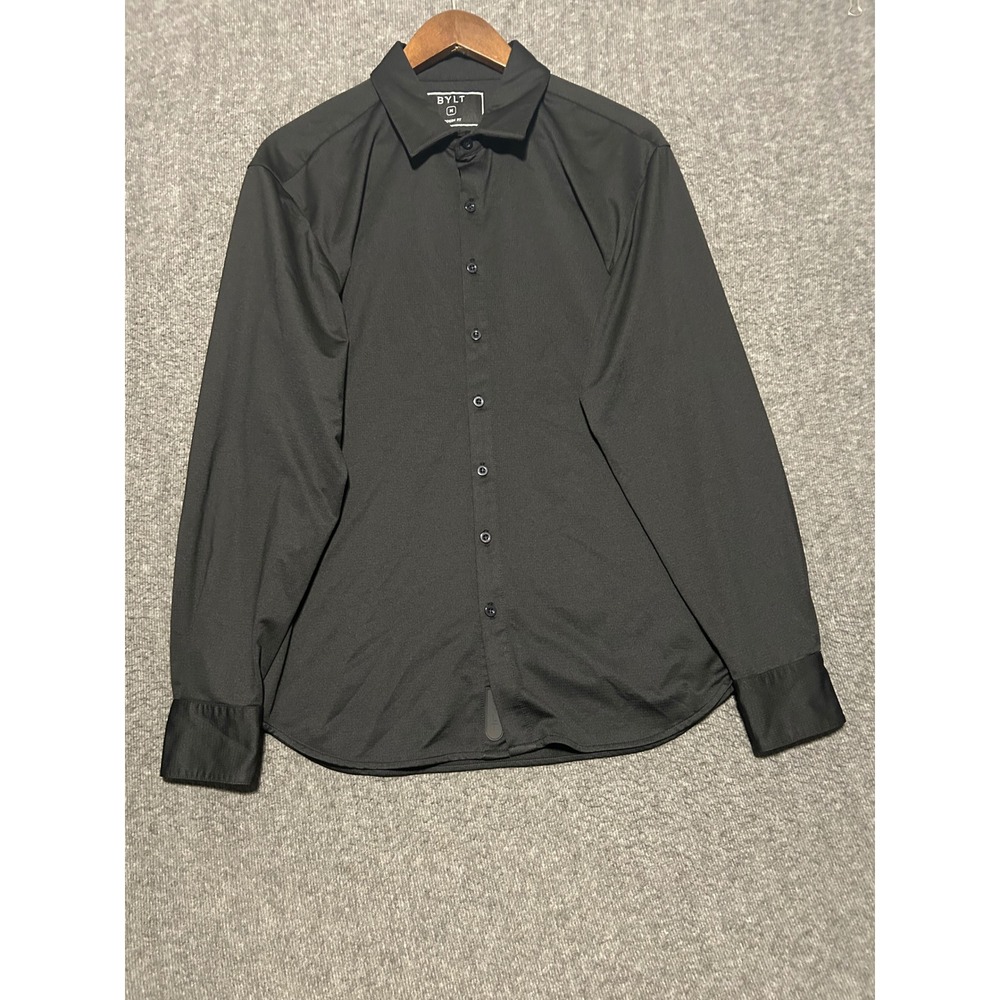 Bylt modern fit button up shirt long sleeve solid black mens medium casual